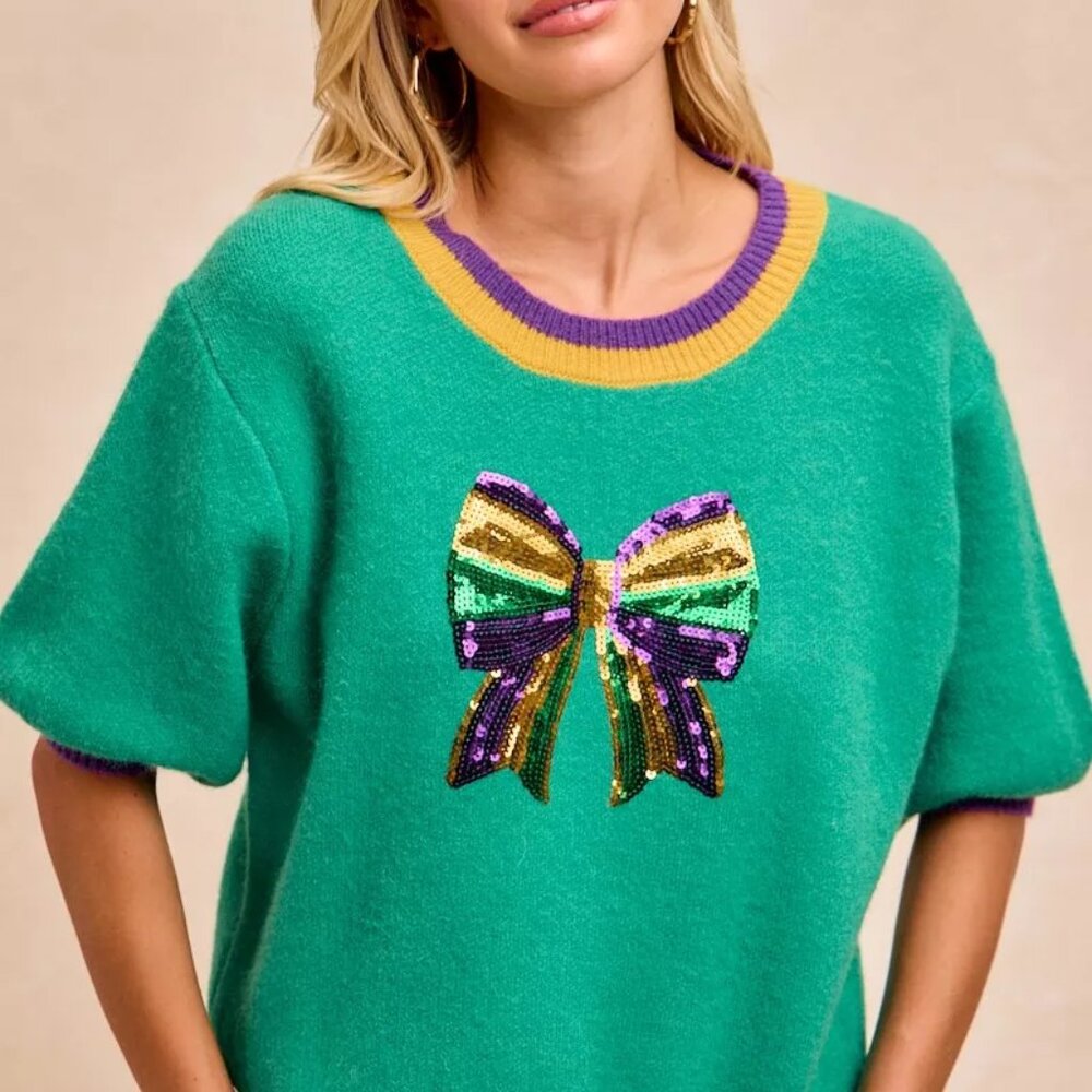 BiBi Mardi Gras Sequin Ribbon Patched Sweater‎
